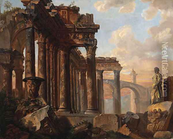 A capriccio of classical ruins with the Farnese Hercules Oil Painting - Giovanni Paolo Panini