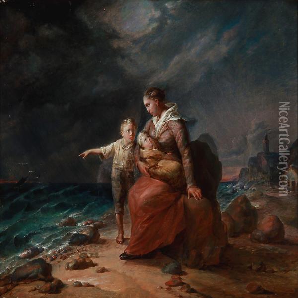 Mother And Children Fearing For The Fathers Life At Sea Oil Painting - Johan Julius