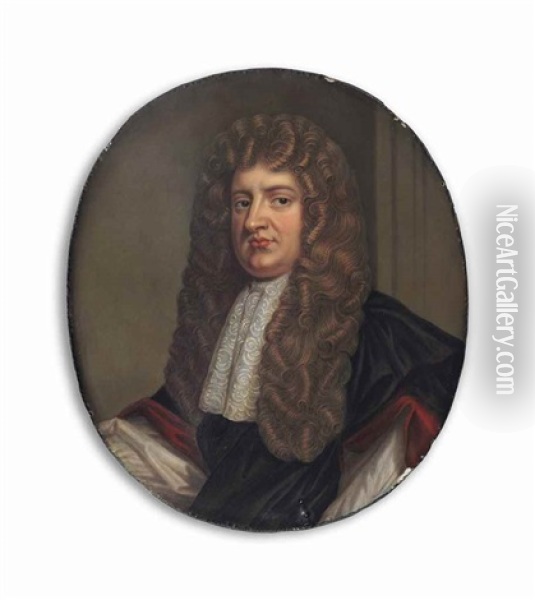 William Lord Russell (1639-1683) Wearing Long Curling Brown Wig, White Lace Jabot And Black Cloak With Red Lining Over White Shirt Oil Painting - Henry Bone