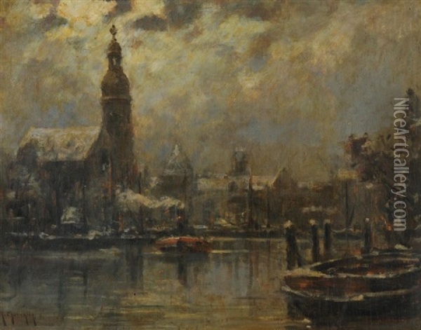 Winterabend In Einer Hollandischen Hafenstadt Oil Painting - Georges Philibert Charles Maroniez
