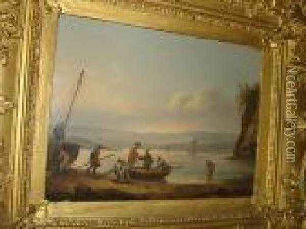 Coastal Scene With Figures Embarking Aboat Oil Painting - Thomas Luny