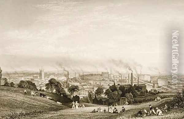 General View of Stockport, Lancashire showing cotton mills, published by J.C. Varrall fl.1815-27 1830s Oil Painting - George Pickering