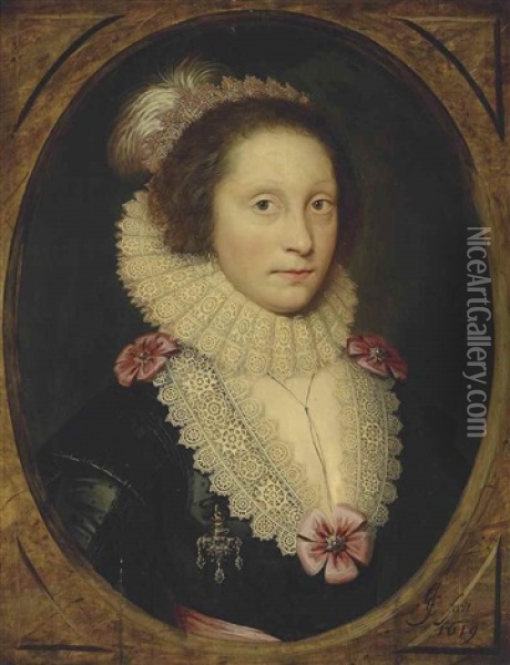 Portrait Of A Lady, Traditionally Identified As Lady Corbett, Half-length, In A Black Dress Adorned With Pink Rosettes And A Reticella Lace Collar, Cartwheel Ruff And Headdress, In A Feigned Oval Oil Painting - Cornelis Jonson Van Ceulen