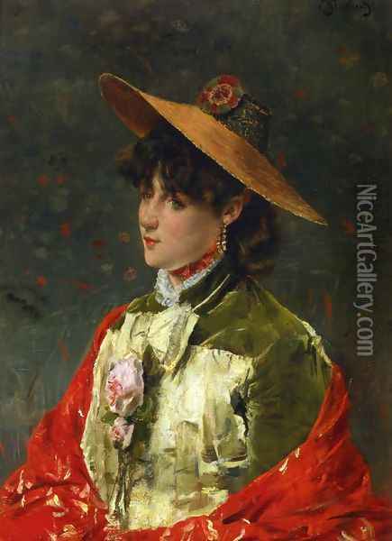 Woman in a Straw Hat Oil Painting - Alfred Stevens