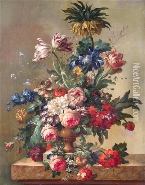 Still Life Of Flowers In An Urn On A Ledge Oil Painting - Georgius Jacobus Johannes van Os