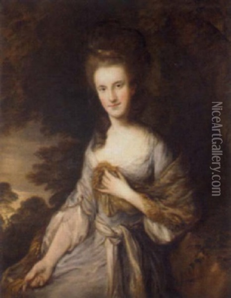 Portrait Of Miss Sarah Buxton In A Cream Dress, In A Landscape Oil Painting - Thomas Gainsborough