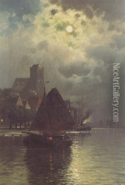 Flusslandschaft Bei Nacht Mit Segelschiff Oil Painting - Joseph Nikolaus Butler