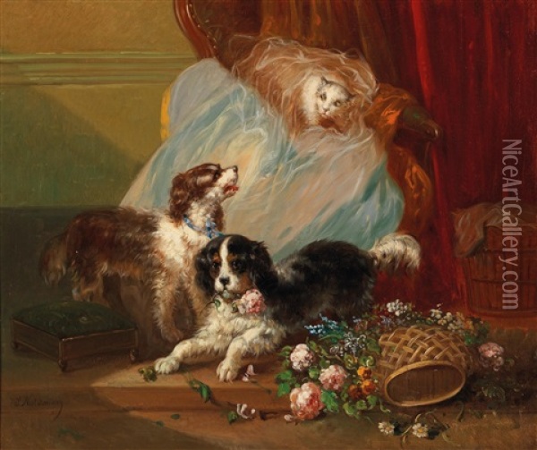Dogs Playing With Cat Oil Painting - Zacharias Noterman