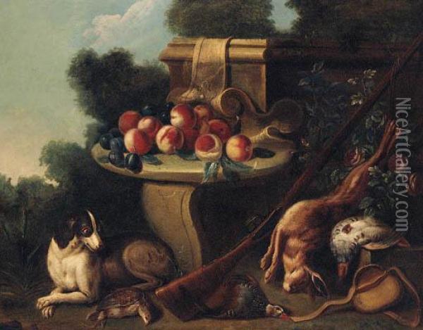 A Spaniel Guarding Dead Game By A Stone Seat Laden With Fruit Oil Painting - Alexandre-Francois Desportes
