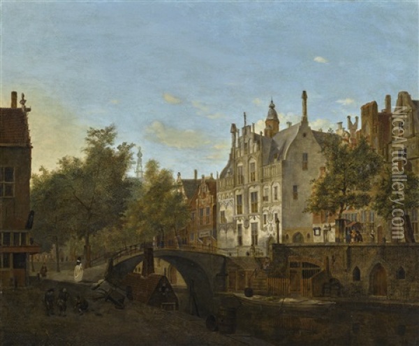 A Capriccio View Of The Oude Delft And The Gemeenlandshuis Oil Painting - Jan Van Der Heyden