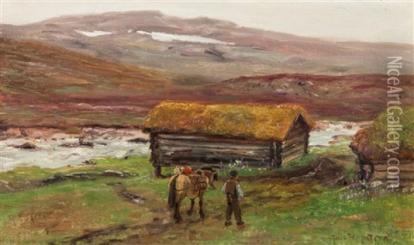 Mann Med Klovhest Ved Saeter Oil Painting - Nils Severin Lynge Hansteen