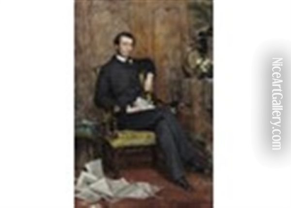 Portrait Of A Gentleman, Full Length, Seated With His Dog And Holding A Newspaper Oil Painting - Theobald Chartran