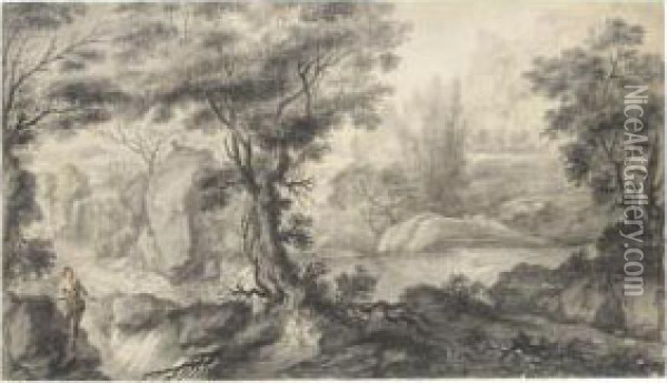 Wooded River Landscape With Two Figures Oil Painting - Romolo Panfi