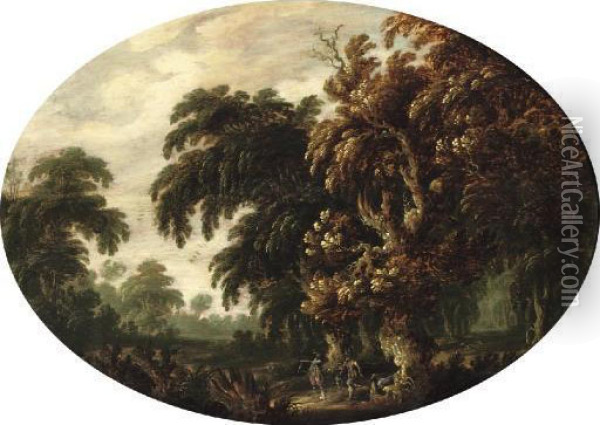 A Wooded Landscape With Figures Returning From The Hunt Oil Painting - Govert Dircksz. Camphuysen