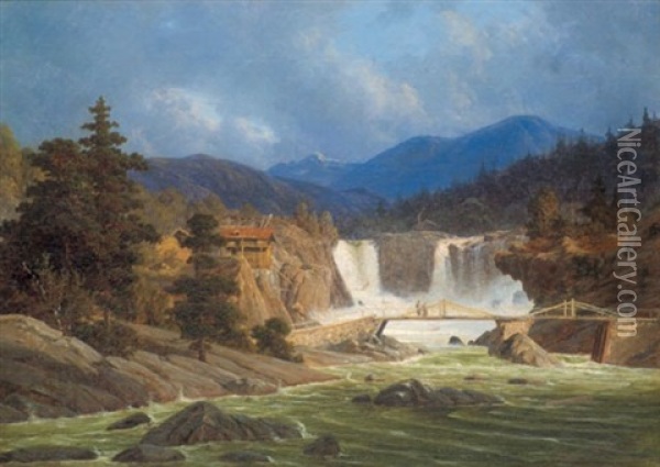 Wilde Gebirgslandschaft Mit Einem Wasserfall Oil Painting - Emile Bert