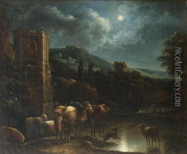 A Peasant With His Flock By A Ford By Moonlight Oil Painting - Nicolaes Berchem