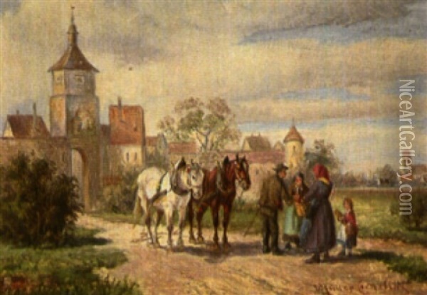 Bauern Mit Zwei Pferden Vor Dem Stadttor Oil Painting - Ludwig Mueller-Cornelius