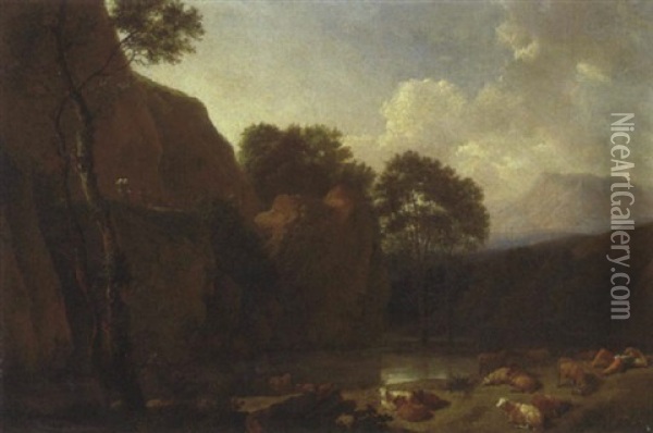 Ein Hirte Mit Schafen Am Flussufer Oil Painting - Christian Wilhelm Ernst Dietrich
