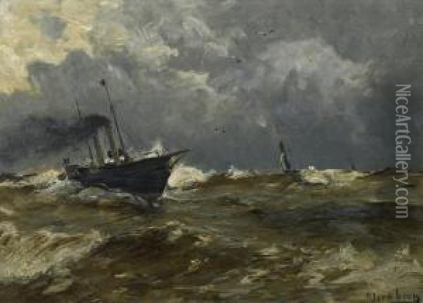 Steamboat And Sailors On The Stormy Sea Oil Painting - August Jernberg