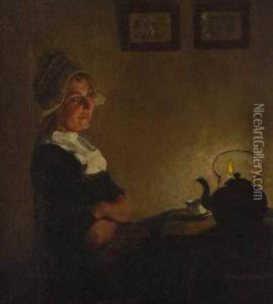 Hollandisches Madchen Bei Kerzenschein Oil Painting - Claus Meyer