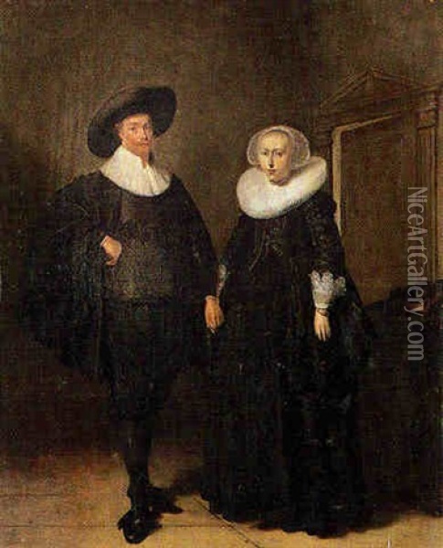 Hollandisches Ehepaar Vor Geoffneter Tur Stehend Oil Painting - Pieter Jacobs Codde