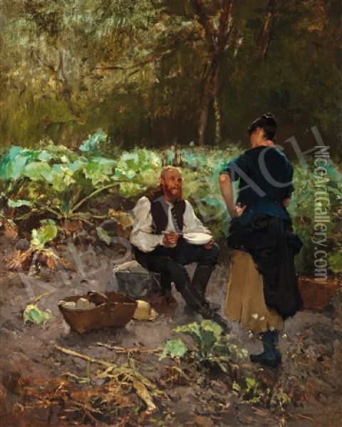 In Conversation (in The Kitchen Garden) Oil Painting - Lajos Deak Ebner