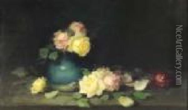 A Still Life Of Pink, Yellow And Red Roses Oil Painting - James Stuart Park