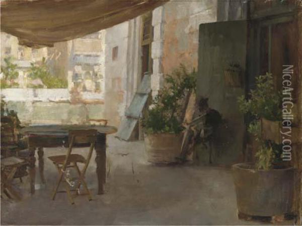 On The Terrace Of A Venetian Villa Oil Painting - Henry Woods
