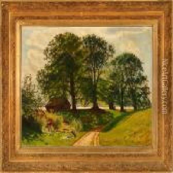 Summer Morning At A Country Road Oil Painting - Olaf Viggo Peter Langer