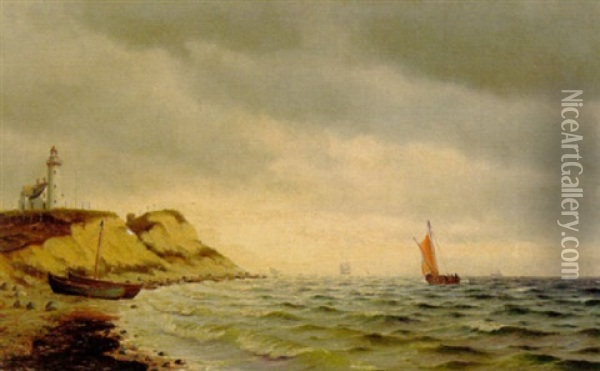 Kystparti Med Fyrtarn Pa Klint Og Sejlskibe Pa Havet Oil Painting - Johan Jens Neumann