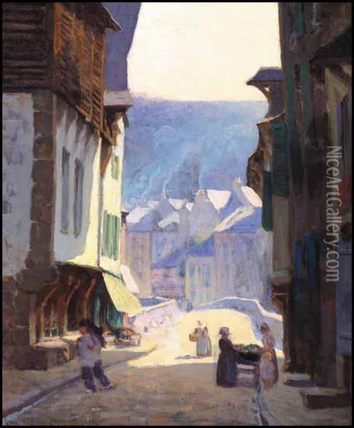Street Scene In Sunlight, Dinan Oil Painting - Clarence Alphonse Gagnon