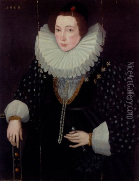 Portrait Of A Lady In A Black Dress With Gold Chain, Pearl Jewellery And White Ruff Collar, Holding A Fan In Her Left Hand Oil Painting - Hieronymus Custodis