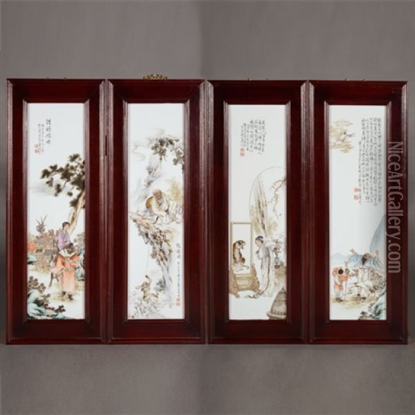 A Set Of Four Famille Rose Porcelain Plaques Oil Painting -  Wang Qi