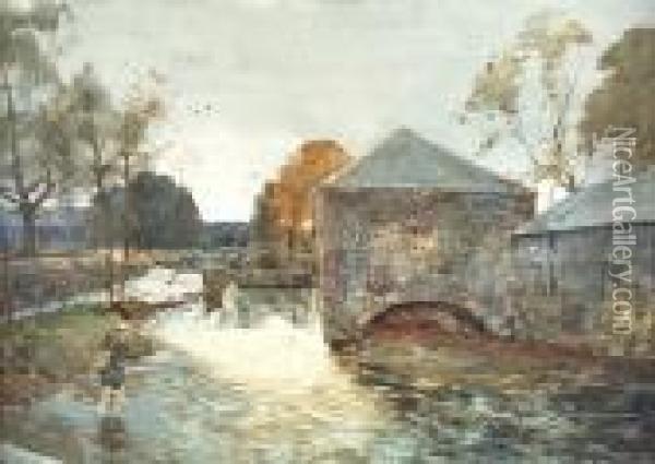Fishing, Philiphaugh Mill Oil Painting - Tom Scott