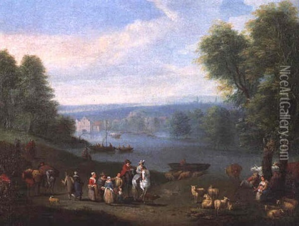 A River Landscape With Figures On A Path Oil Painting - Karel Breydel