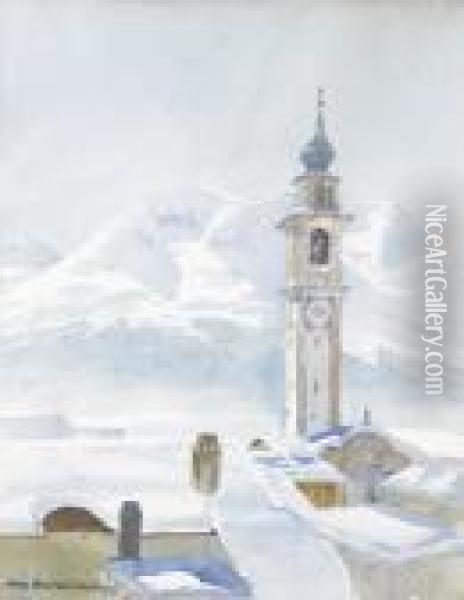 Der Kirchturm Von Samedan Oil Painting - Hans Beat Wieland