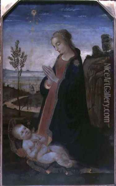 Madonna and Child in a Landscape Oil Painting - Jacopo Del Sellaio