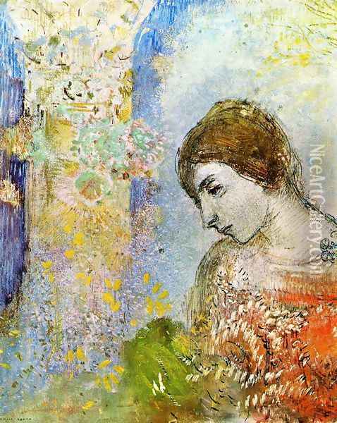 Woman with Pillar of Flowers Oil Painting - Odilon Redon