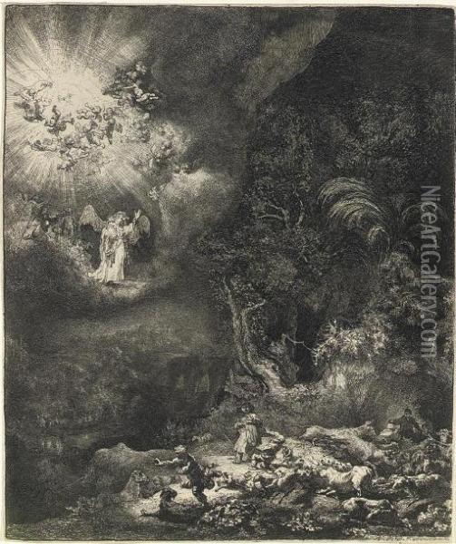The Angel Appearing To The Shepherds (b., Holl. 44; H. 120) Oil Painting - Rembrandt Van Rijn