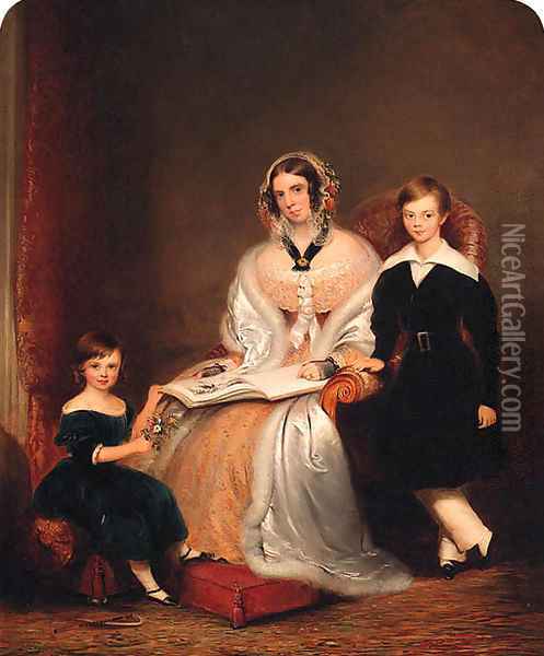 Group Portrait of a Lady with her two Children, small full-length, the former in a yellow lace dress, resting a book on her lap Oil Painting - John Bridges