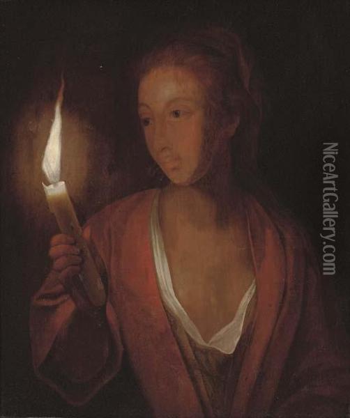 A Lady Holding A Candle Oil Painting - Godfried Schalcken