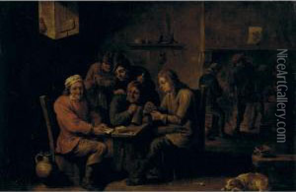 Peasants Playing Cards In A Tavern Oil Painting - David The Younger Teniers