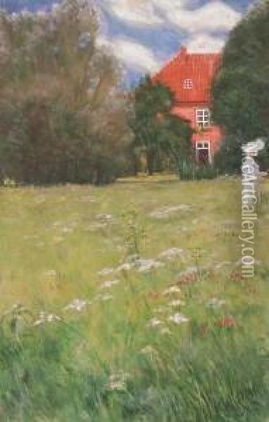 Sommerwiese Mit Junger Frau Und Haus Oil Painting - Johannes Martini