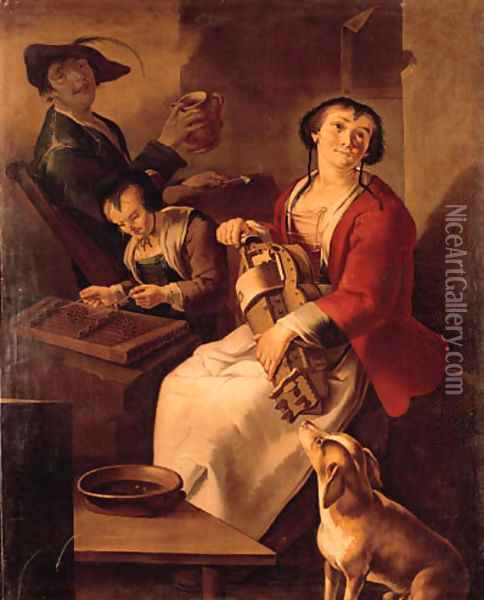 A peasant woman playing the hurdy-gurdy, a girl playing the dulcimer and drinking, a youth in a farmhouse Oil Painting - Giacomo Francesco Cipper