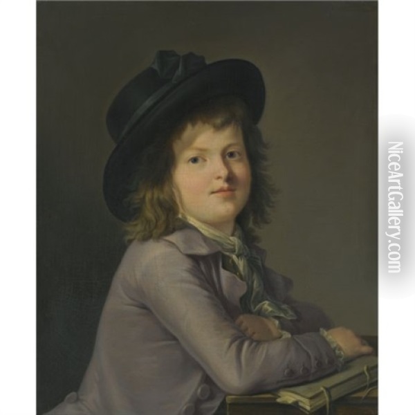 Portrait Of A Young Boy, Seated At A Desk Holding A Book Oil Painting - Marie-Victoire Lemoine