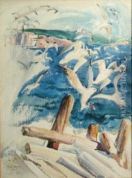 Gulls Feeding Oil Painting - Henry George Keller