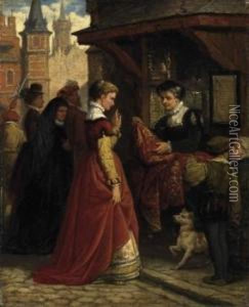 At The Fabric Merchant. Signed And Dated Lower Left: Hendrik F. Schaefels 1870 Oil Painting - Hendrik Frans Schaefels