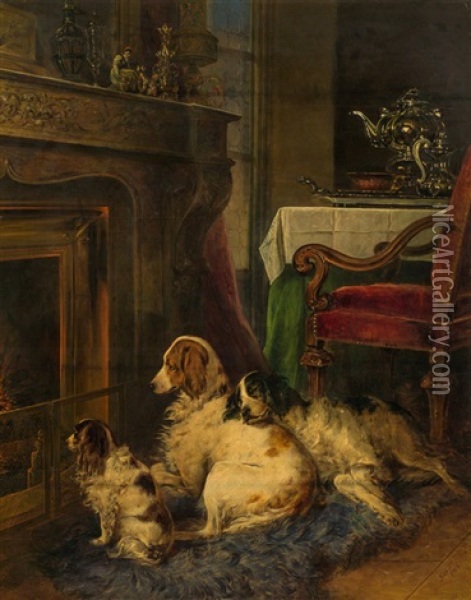 Drei Hunde Vor Einem Kamin Oil Painting - Johann Matthias Ranftl