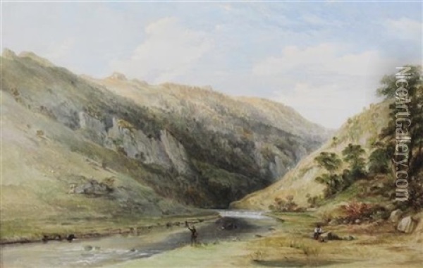 Anglers In A Mountain Landscape And Artist Overlooking A Valley (pair) Oil Painting - Thomas Creswick
