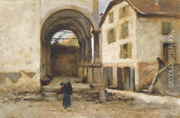 Strassenpartie Mit Kirche Und Figurenstaffage Oil Painting - Gustave Castan